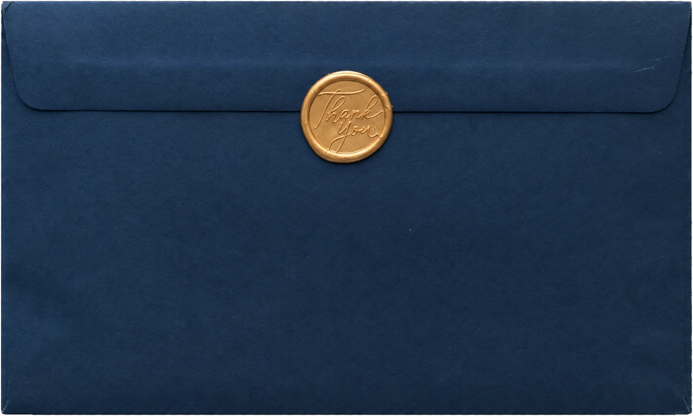 The back of the blue envelope, sealed with a gold Thank You wax seal