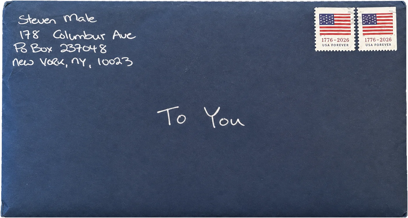 The real blue envelope, handwritten To You, with postage stamps