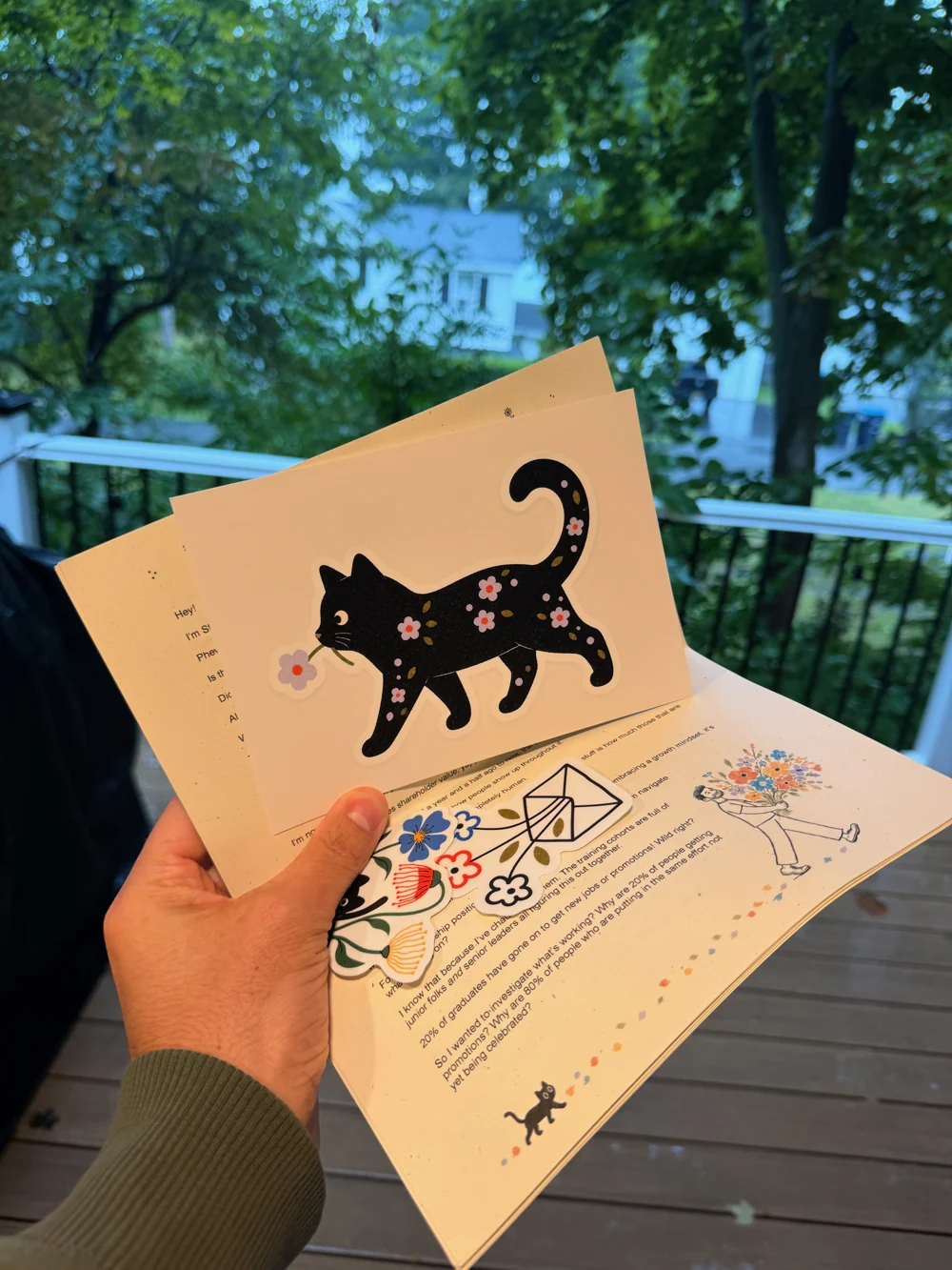 The printed letter with a cat card and stickers
